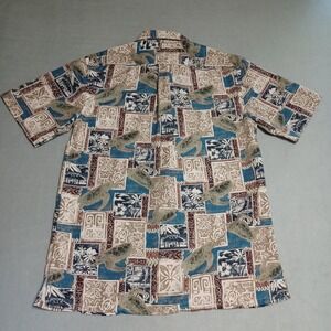 Tropical Storm Mens Medium Hawaiian Shirt Sea Turtle Palm Tree Blue Tan Print M